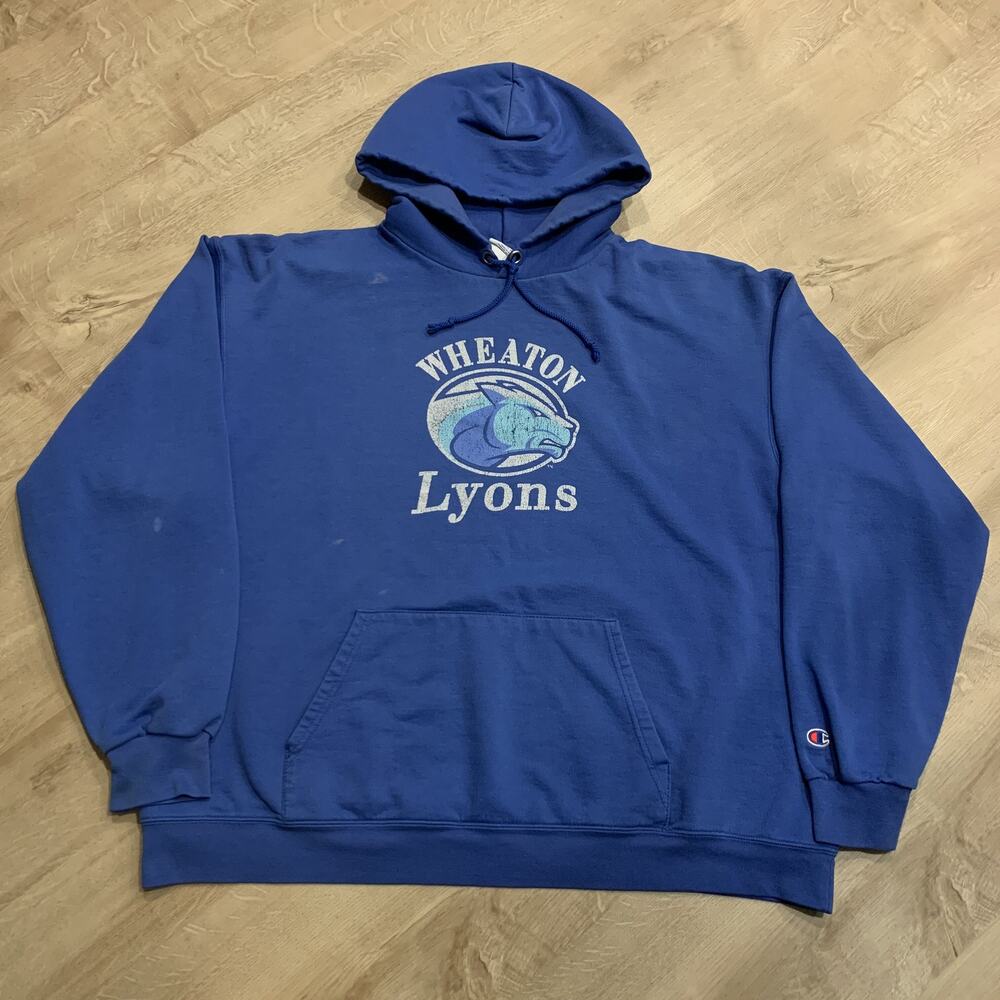 Champion Wheaton College Lyons Hoodie Men's 2XL XXL Blue Sweatshirt Pullover